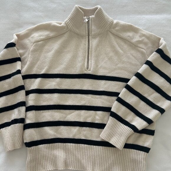 Elie Tahari Sweater Cream Navy Striped 1/4 Zip Pullover Coastal Preppy Size M - Picture 4 of 8